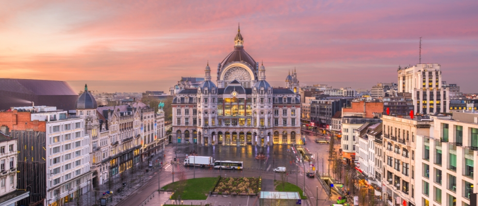 Antwerp Belgium, cityscape at sunset